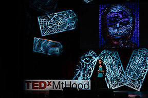 Portland Story Theaters Urban Teller and artist Sabina Haque speaks at TEDxMtHood. Photo by Alex McKissack